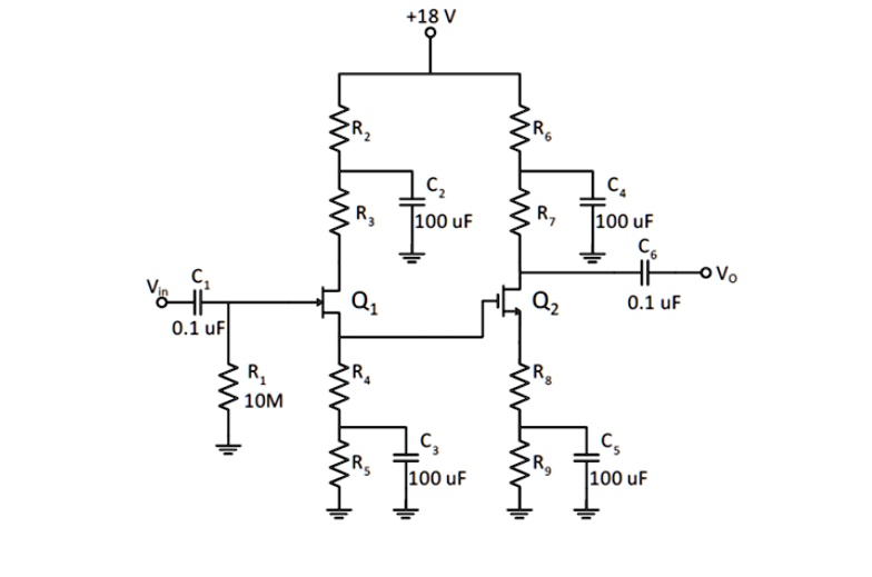 An amplifier circuit obtained using JFET and MOSFET as shown below