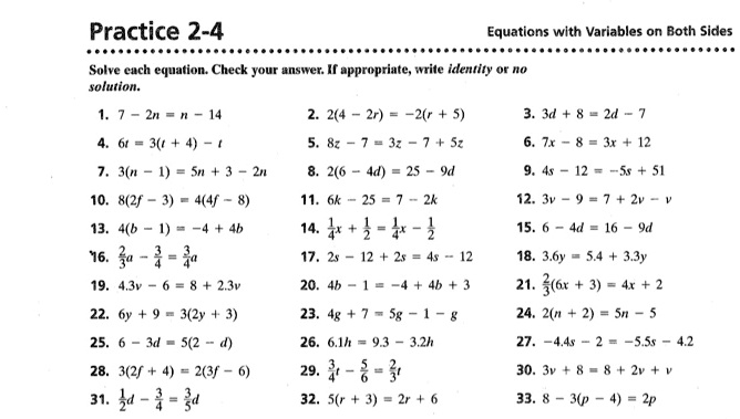 SOLVED Text Practice 2 4 Equations with Variables on Both Sides