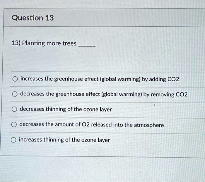 SOLVED: Question 13 13) Planting more trees increases the greenhouse ...