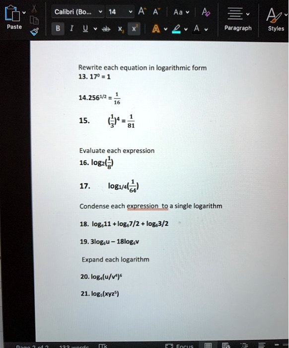 Solved Calibri Bo A A V Po I 4 A A Paragraph D Paste Styles Rewrite Each Equation In Logarithmic Form 13 170 1 14 2561 2