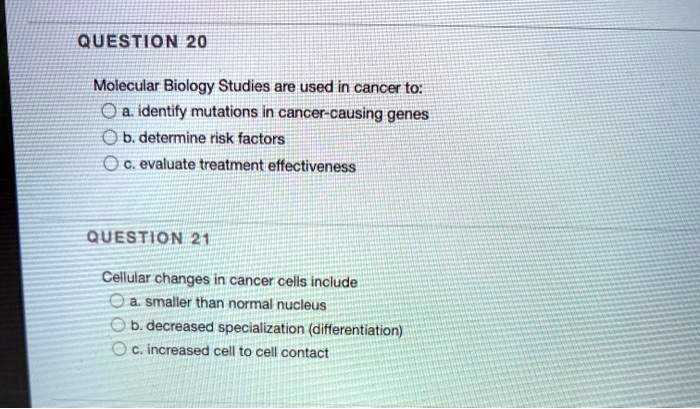 SOLVED:QUESTION 20 Molecular Biology Studies Are Used In Cancer To ...