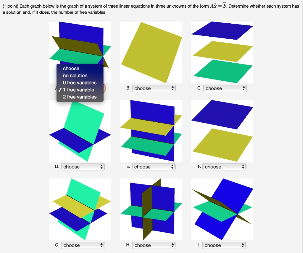 point each graph below is the graph of system of three linear equations ...