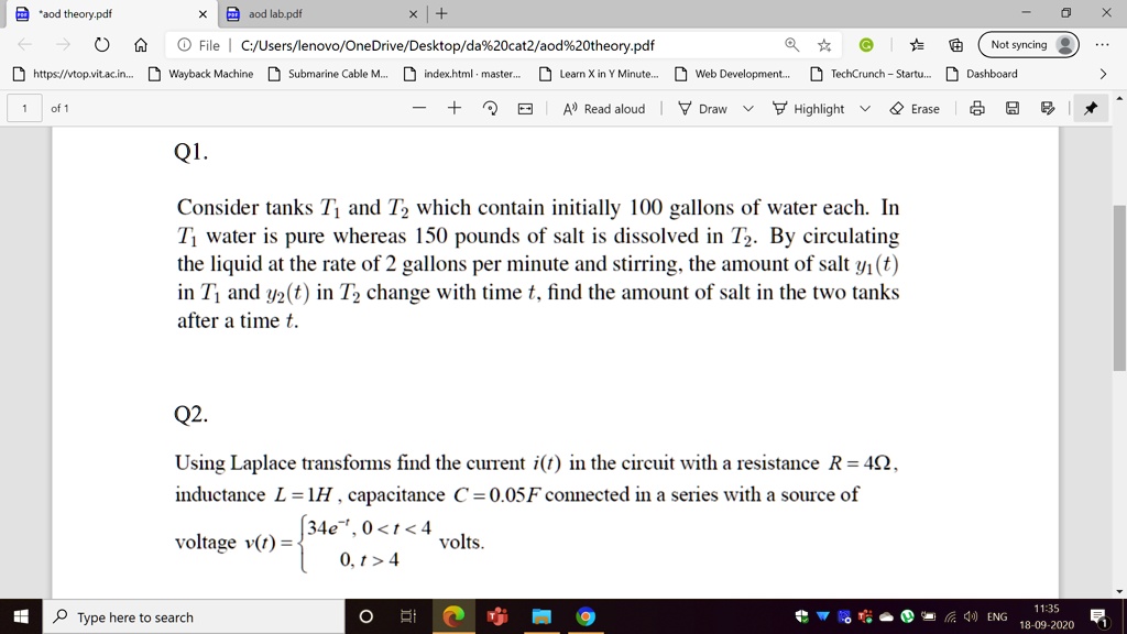 SOLVED: 'Q1. Consider tanks T1 and T2 which contain initially 100 ...