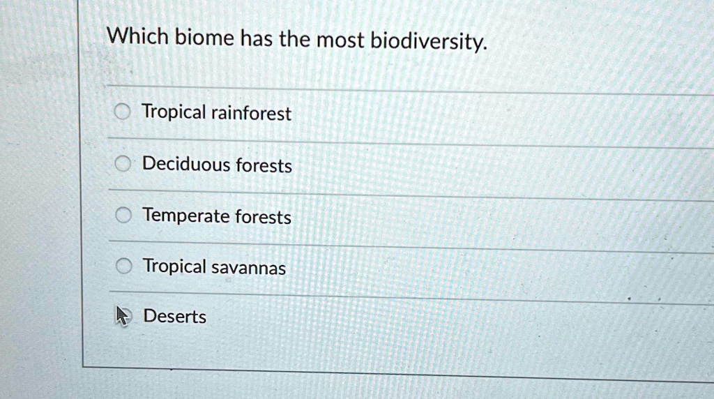 SOLVED: Which biome has the most biodiversity. Tropical rainforest ...