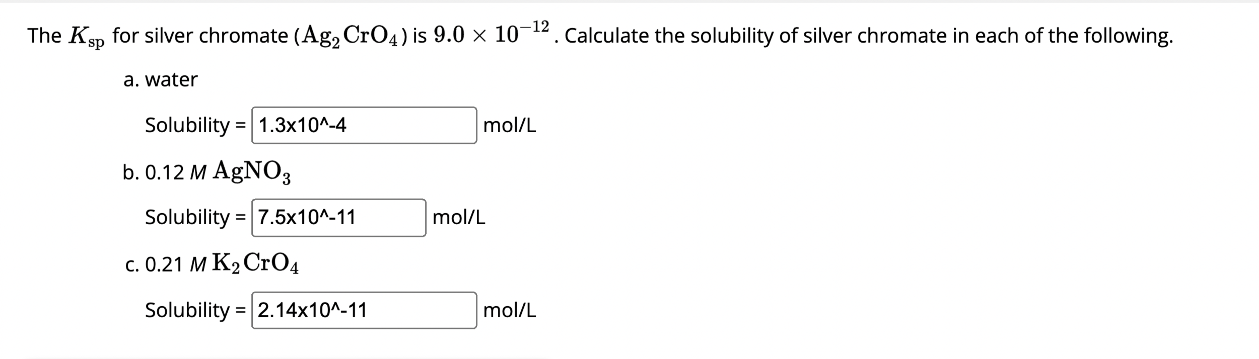 Solved The Ksp For Silver Chromate Ag2cro4 Is 90 × 10 12 Calculate The Solubility Of 