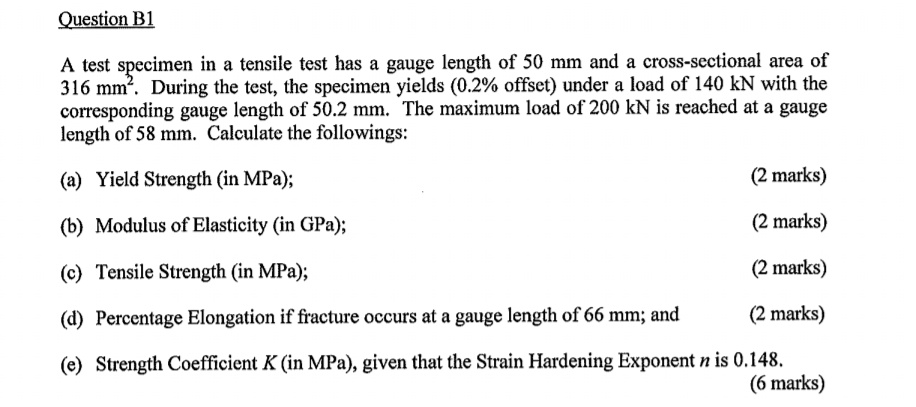 SOLVED: A test specimen in a tensile test has a gauge length of 50 mm ...