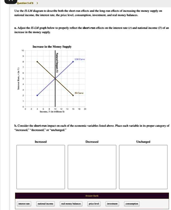 Use the IS-LM diagram to describe both the short-run effects and the long-run effects of increasing the money supply on national income, the interest rate, the price level, consumption, investment, and real money balances.

a. Adjust the IS-LM graph below to properly reflect the short-run effects on the interest rate (r) and national income (Y) of an increase in the money supply.

Increase in the Money Supply
Interest Rate, r (in %)
Natural Output (Y)
LM Curve
IS Curve
Income, Y (in trillions )

b. Consider the short-run impact on each of the economic variables listed above. Place each variable in its proper category of "increased," "decreased," or "unchanged."

Increased
Decreased
Unchanged

Answer Bank
interest rate
national income
real money balances
price level
investment
consumption