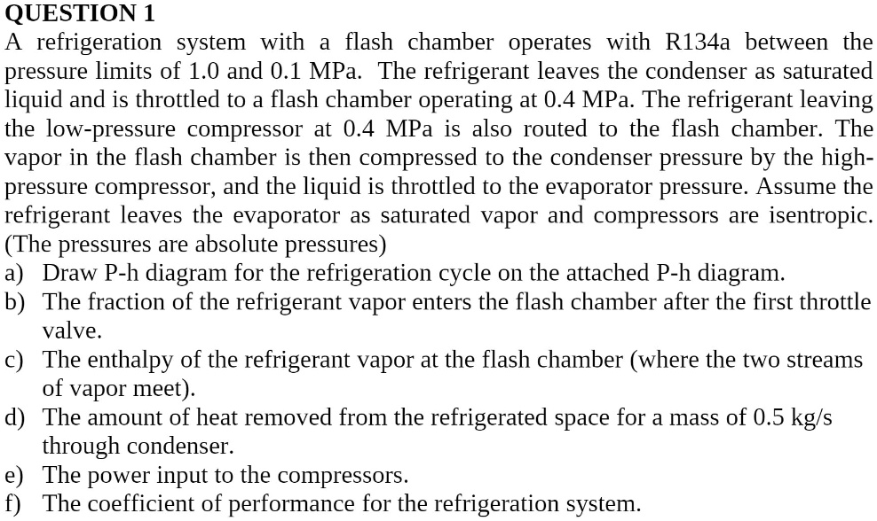 SOLVED QUESTION 1 A refrigeration system with a flash chamber operates with R134a between the