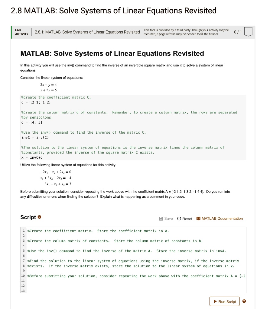 a 28 matlab solve systems of linear equations revisited lab activity ...