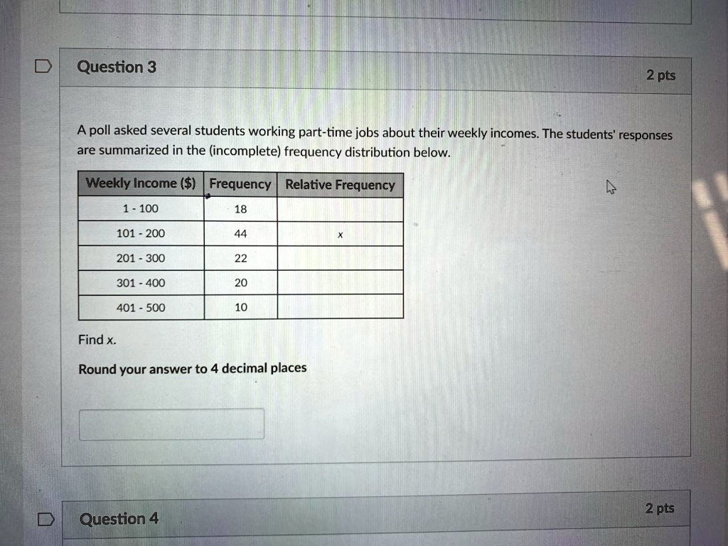 A poll asked several students working part-time jobs about their weekly incomes. The students' responses are summarized in the (incomplete) frequency distribution below.

Weekly Income () | Frequency | Relative Frequency
1 - 100 | 18 |
101 - 200 | 44 | x
201 - 300 | 22 |
301 - 400 | 20 |
401 - 500 | 10 |

Find x.
Round your answer to 4 decimal places