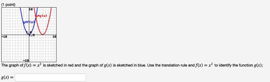 (1 point)
10
y=g(x)
y=f(x)
1.0
1.0
-10
10
-10
The graph of f(x) = x^2 is sketched in red and the graph of g(x) is sketched in blue. Use the translation rule and f(x) = x^2 to identify the function g(x);
g(x) =
