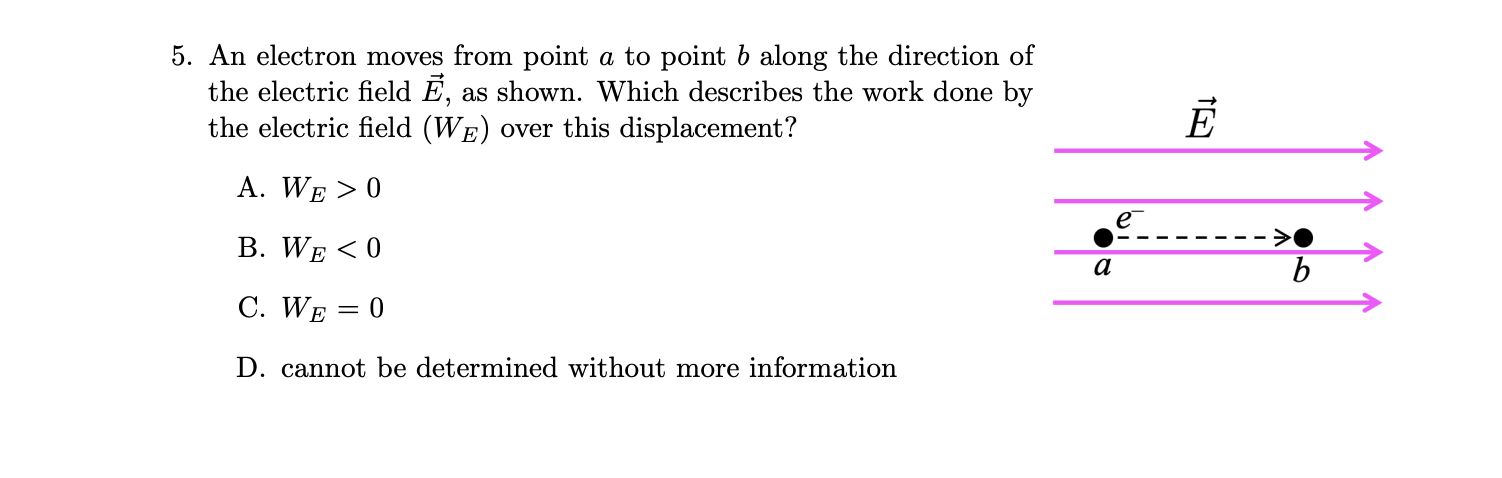5. An electron moves from point ( a ) to point ( b ) along the direction of the electric field ( vecE ), as shown. Which describes the work done by the electric field ( left(WEight) ) over this displacement?
A. ( WE>0 )
B. ( WE<0 )
C. ( WE=0 )
D. cannot be determined without more information