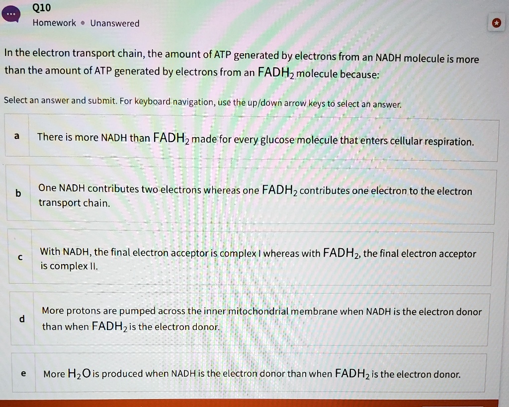 In the electron transport chain, the amount of ATP generated by electrons from an NADH molecule is more than the amount of ATP generated by electrons from an FADH2 molecule because:

a There is more NADH than FADH2 made for every glucose molecule that enters cellular respiration.

b One NADH contributes two electrons whereas one FADH2 contributes one electron to the electron transport chain.

c With NADH, the final electron acceptor is complex I whereas with FADH2, the final electron acceptor is complex II.

d More protons are pumped across the inner mitochondrial membrane when NADH is the electron donor than when FADH2 is the electron donor.

e More H2O is produced when NADH is the electron donor than when FADH2 is the electron donor.