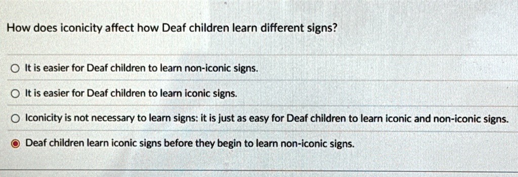 [GET ANSWER] how does iconicity affect how deaf children learn ...