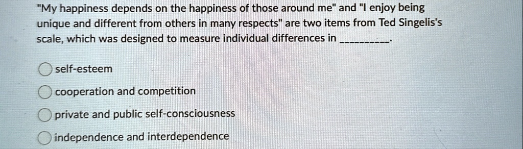 my happiness depends on the happiness of those around me and i enjoy being unique and different from others in many respects are two items from ted singeliss scale which was designed to meas 06646