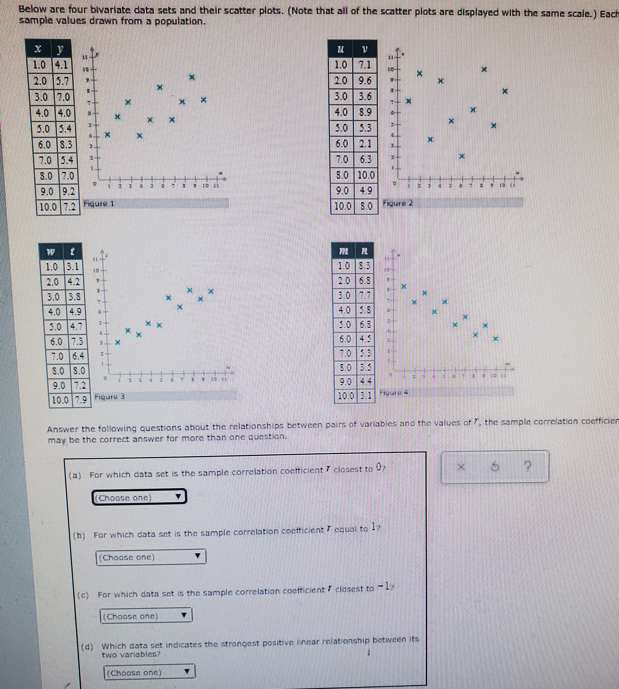 Below are four bivariate data sets and their scatter plots. (Note that all of the scatter plots are displayed with the same scale.) Each sample values drawn from a population.

x y
1.0 4.1
2.0 5.7
3.0 7.0
4.0 4.0
5.0 5.4
6.0 8.3
7.0 5.4
8.0 7.0
9.0 9.2
10.0 7.2
Figure 1

u v
1.0 7.1
2.0 9.6
3.0 5.6
4.0 8.9
5.0 5.3
6.0 2.1
7.0 6.3
8.0 10.0
9.0 4.9
10.0 8.0
Figure 2

w t
1.0 3.1
2.0 4.2
3.0 3.8
4.0 4.9
5.0 4.7
6.0 7.3
7.0 6.4
8.0 8.0
9.0 7.2
10.0 7.9
Figure 3

m n
1.0 8.3
2.0 6.8
3.0 7.7
4.0 5.8
5.0 6.5
6.0 4.5
7.0 5.3
8.0 3.5
9.0 4.4
10.0 3.1
Figure 4

Answer the following questions about the relationships between pairs of variables and the values of r, the sample correlation coefficient may be the correct answer for more than one question.

(a) For which data set is the sample correlation coefficient r closest to 0?
(Choose one)
(b) For which data set is the sample correlation coefficient r equal to 1?
(Choose one)
(c) For which data set is the sample correlation coefficient r closest to -1?
(Choose one)
(d) Which data set indicates the strongest positive linear relationship between its two variables?
(Choose one)