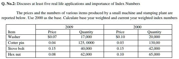 Q. No.2: Discusses at least five real life applications and importance of Index Numbers

The prices and the numbers of various items produced by a small machine and stamping plant are reported below. Use 2000 as the base. Calculate base year weighted and current year weighted index numbers

| Item | 2009 Price | 2009 Quantity | 2000 Price | 2000 Quantity |
| :— | :— | :— | :— | :— |
| Washer | 0.07 | 17,000 |0.10 | 20,000 |
| Cotter pin | 0.04 | 125,000 | 0.03 | 130,000 |
| Stove bolt | 0.15 | 40,000 | 0.15 | 42,000 |
| Hex nut | 0.08 | 62,000 | 0.10 | 65,000 |