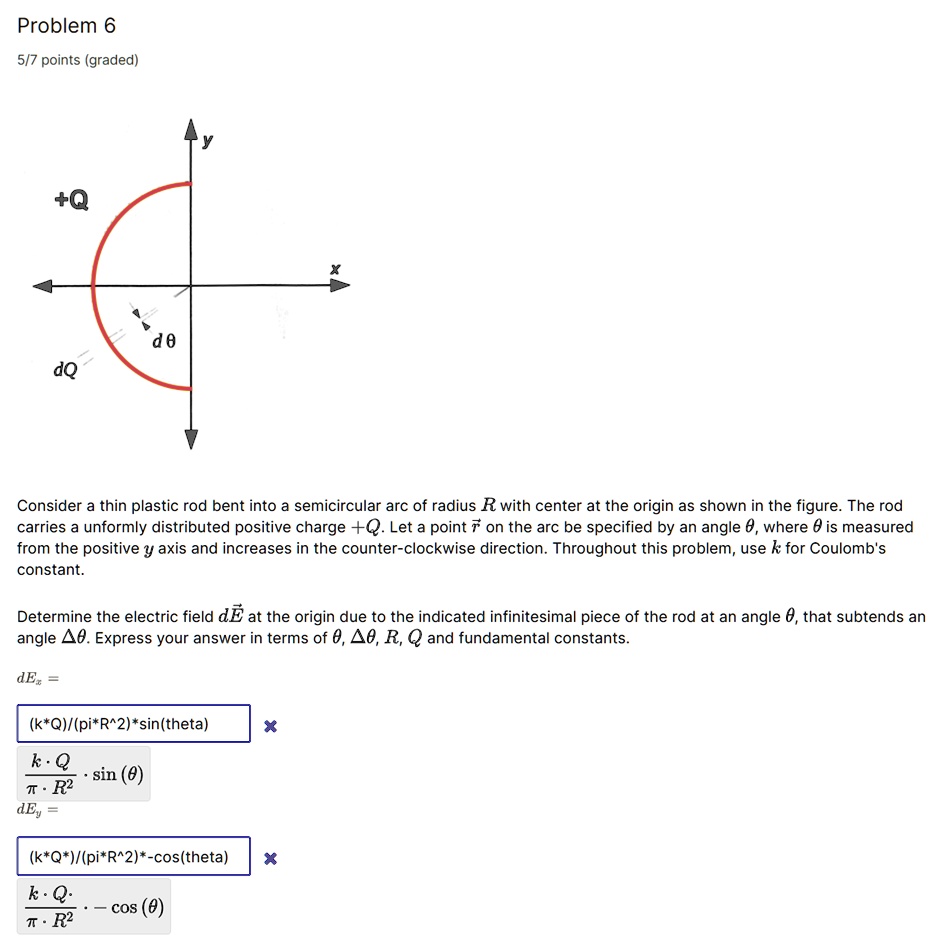 SOLVED Problem 6 5/7 points (graded) Consider a thin plastic rod bent into a semicircular arc