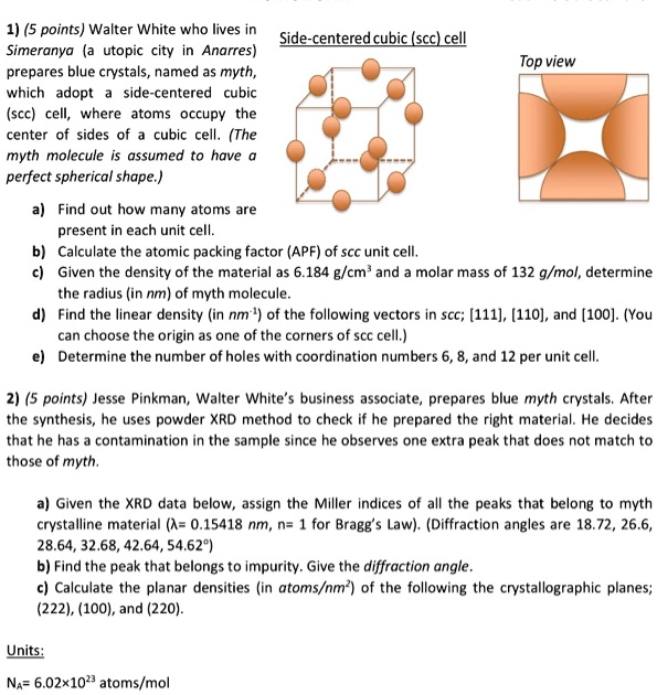 1) (5 points) Walter White who lives in Simeranya (a utopic city in Anarres) prepares blue crystals, named as myth, which adopt a side-centered cubic (scc) cell, where atoms occupy the center of sides of a cubic cell. (The myth molecule is assumed to have a perfect spherical shape.)

Side-centered cubic (scc) cell
Top view

a) Find out how many atoms are present in each unit cell.
b) Calculate the atomic packing factor (APF) of scc unit cell.
c) Given the density of the material as 6.184 g/cm³ and a molar mass of 132 g/mol, determine the radius (in nm) of myth molecule.
d) Find the linear density (in nm?¹) of the following vectors in scc; [111], [110], and [100]. (You can choose the origin as one of the corners of scc cell.)
e) Determine the number of holes with coordination numbers 6, 8, and 12 per unit cell.

2) (5 points) Jesse Pinkman, Walter White's business associate, prepares blue myth crystals. After the synthesis, he uses powder XRD method to check if he prepared the right material. He decides that he has a contamination in the sample since he observes one extra peak that does not match to those of myth.

a) Given the XRD data below, assign the Miller indices of all the peaks that belong to myth crystalline material (?= 0.15418 nm, n= 1 for Bragg's Law). (Diffraction angles are 18.72, 26.6, 28.64, 32.68, 42.64, 54.62°)
b) Find the peak that belongs to impurity. Give the diffraction angle.
c) Calculate the planar densities (in atoms/nm²) of the following the crystallographic planes; (222), (100), and (220).

Units:
NA= 6.02×10²³ atoms/mol