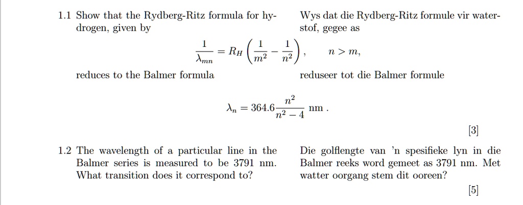 SOLVED: 1.1 Show that the Rydberg-Ritz formula for hydrogen, given by ...