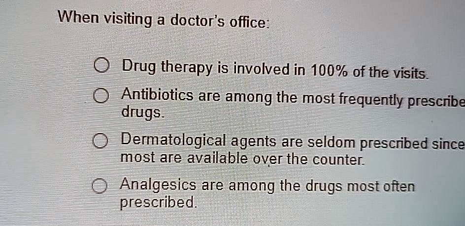 when visiting a doctors office drug therapy is involved in 100 of the visits antibiotics are among the most frequently prescribed drugs dermatological agents are seldom prescribed since most 56153