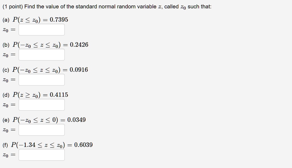 Solved Point Find The Value Of The Standard Normal Random Variable Z Called Z0 Such That A P Z Z0 0 7395 Z0 B P Zo 2 0 2426 Z0 C P Z0