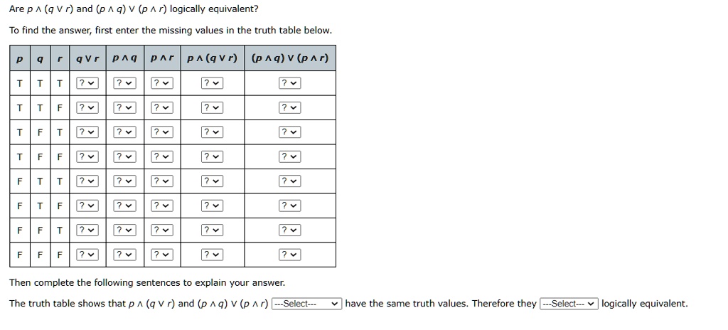 Solved Are P Q Vr And P Q V P R Logically Equivalent To Find The Answer First Enter The Missing Values In The Truth Table Below Qvr P 9