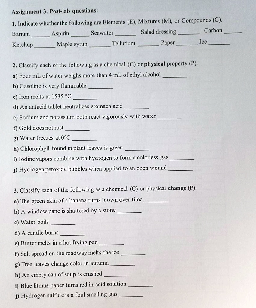 SOLVED Assignment 3. Postlab questions 1, Indicate whetherthe following are Elements (E