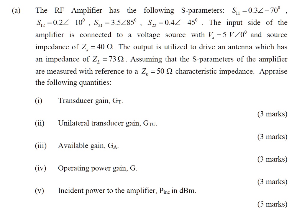 SOLVED The RF Amplifier has the following Sparameters S11 = 0.370