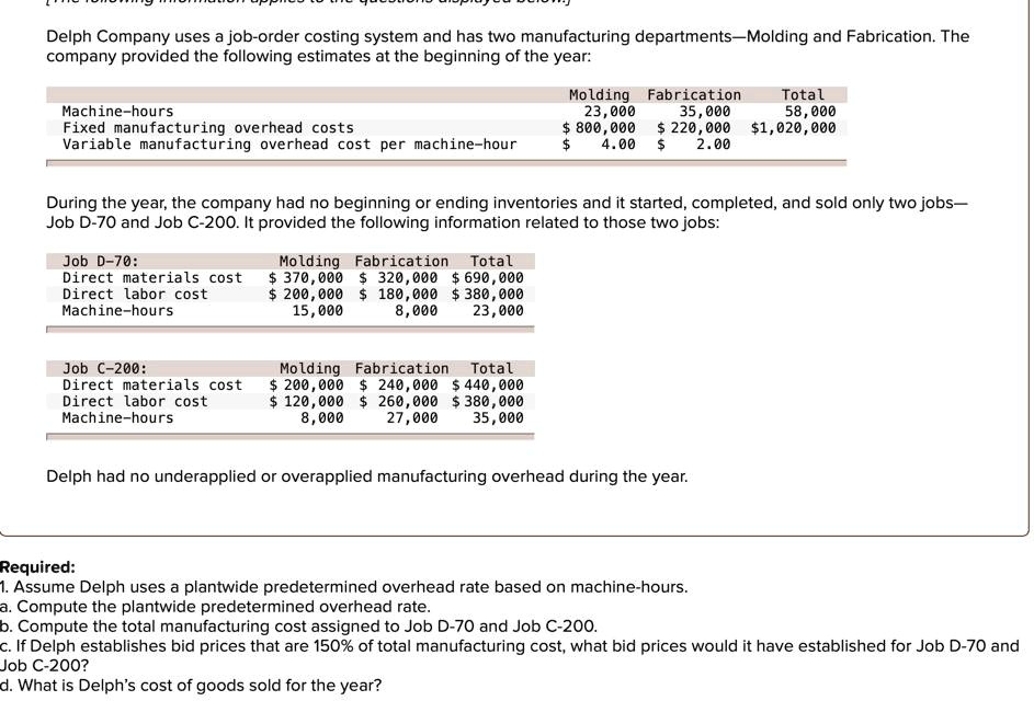 Delph Company uses a joborder costing system and has two manufacturing
