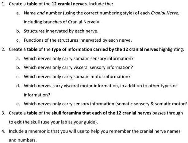 SOLVED: 1.Create a table of the 12 cranial nerves.Include the a. Name ...