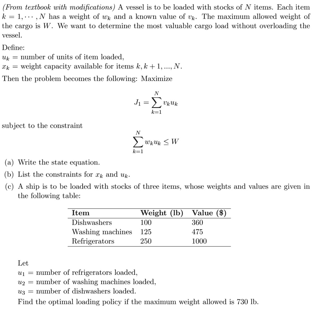 From textbook with modifications) A vessel is to be loaded with stocks