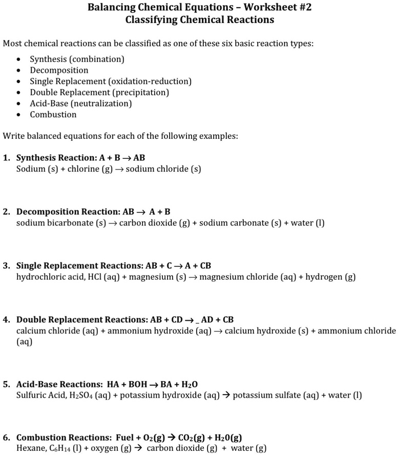Balancing Chemical Equations Worksheet 2 Classifying Chemical Reactions Most chemical