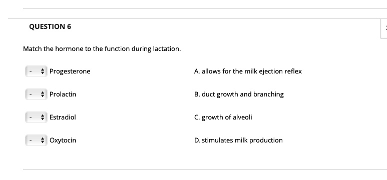 QUESTION 6
Match the hormone to the function during lactation.
Progesterone
Prolactin
Estradiol
Oxytocin
A. allows for the milk ejection reflex
B. duct growth and branching
C. growth of alveoli
D. stimulates milk production