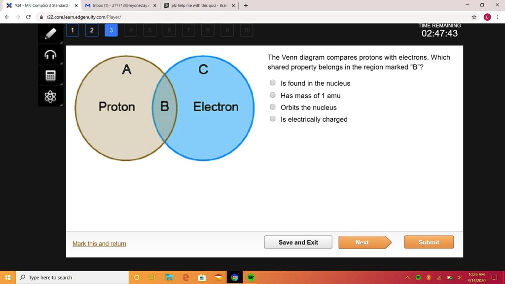 The Venn diagram compares protons with electrons. Which...