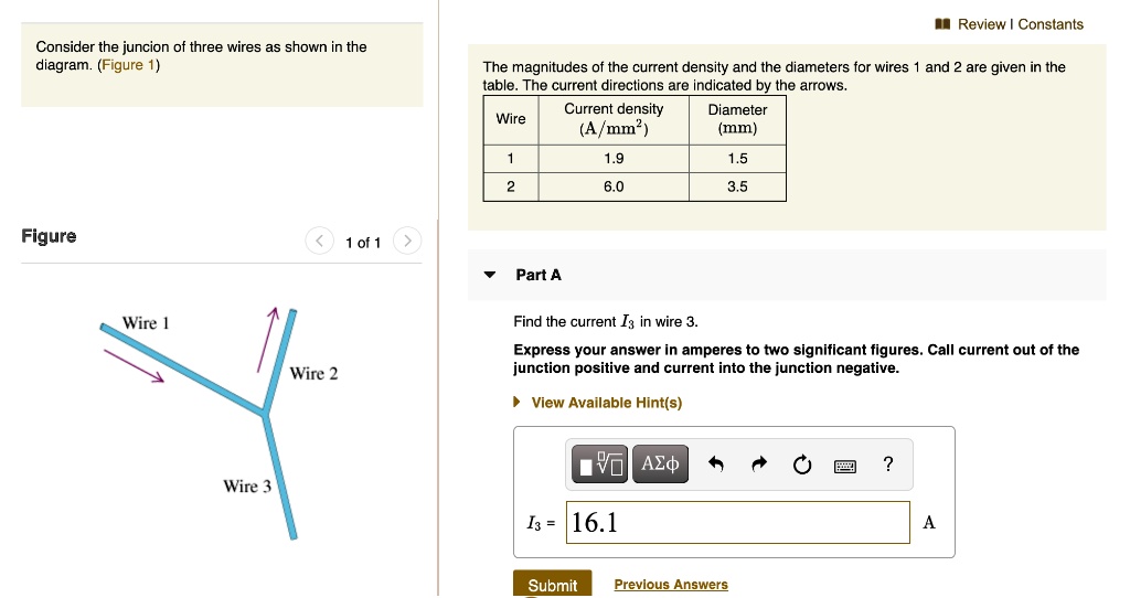 Consider the juncion of three wires as shown in the
diagram. (Figure 1)

The magnitudes of the current density and the diameters for wires 1 and 2 are given in the
table. The current directions are indicated by the arrows.

Wire | Current density (A/mm²) | Diameter (mm)
1 | 1.9 | 1.5
2 | 6.0 | 3.5

Part A
Find the current I? in wire 3.
Express your answer in amperes to two significant figures. Call current out of the
junction positive and current into the junction negative.

I? = 16.1 A