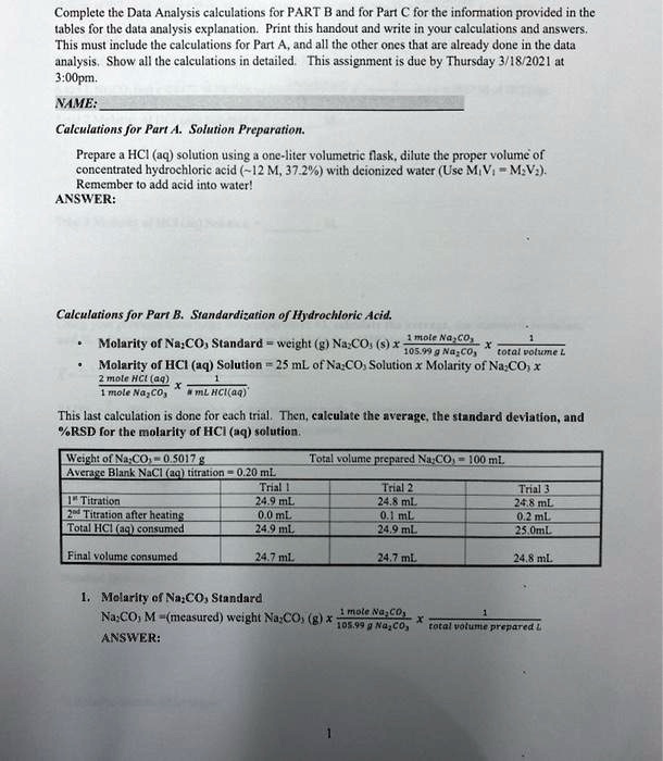 SOLVED: Complele The Data Analysis Calculations For PART B And For Fart ...