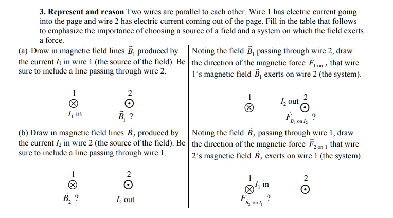 3. Represent and reason Two wires are parallel to each other. Wire 1 has electric current going into the page and wire 2 has electric current coming out of the page. Fill in the table that follows to emphasize the importance of choosing a source of a field and a system on which the field exerts a force.

(a) Draw in magnetic field lines B? produced by the current I? in wire 1 (the source of the field). Be sure to include a line passing through wire 2.
Noting the field B? passing through wire 2, draw the direction of the magnetic force F? ?? ? that wire 1's magnetic field B? exerts on wire 2 (the system).

(b) Draw in magnetic field lines B? produced by the current I? in wire 2 (the source of the field). Be sure to include a line passing through wire 1.
Noting the field B? passing through wire 1, draw the direction of the magnetic force F? ?? ? that wire 2's magnetic field B? exerts on wire 1 (the system).
