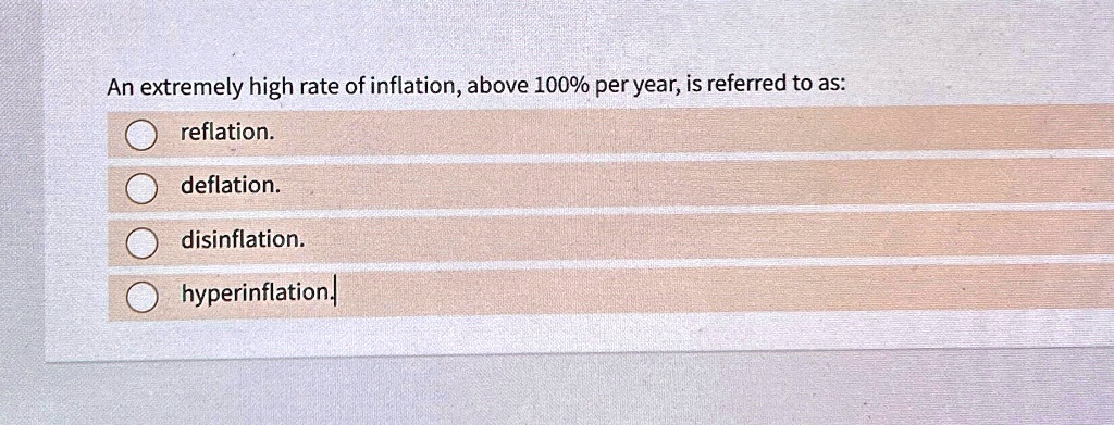 SOLVED: An extremely high rate of inflation, above 100% per year, is ...
