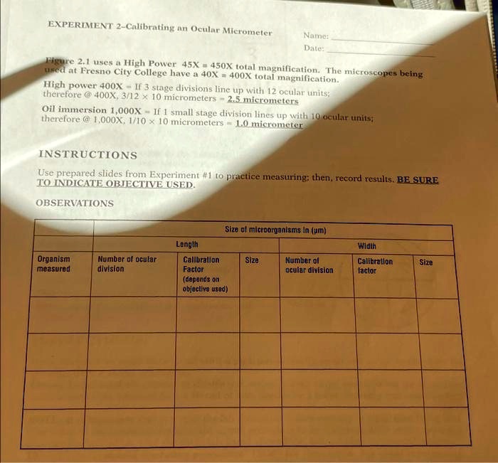 SOLVED EXPERIMENT 2 Calibrating an Ocular Micrometer Name Date