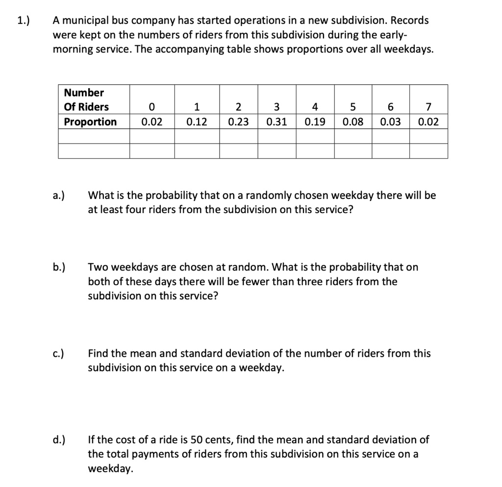 1.) A municipal bus company has started operations in a new subdivision. Records
were kept on the numbers of riders from this subdivision during the early-
morning service. The accompanying table shows proportions over all weekdays.

Number Of Riders: 0, 1, 2, 3, 4, 5, 6, 7
Proportion: 0.02, 0.12, 0.23, 0.31, 0.19, 0.08, 0.03, 0.02

a.) What is the probability that on a randomly chosen weekday there will be at least four riders from the subdivision on this service?

b.) Two weekdays are chosen at random. What is the probability that on both of these days there will be fewer than three riders from the subdivision on this service?

c.) Find the mean and standard deviation of the number of riders from this subdivision on this service on a weekday.

d.) If the cost of a ride is 50 cents, find the mean and standard deviation of the total payments of riders from this subdivision on this service on a weekday.