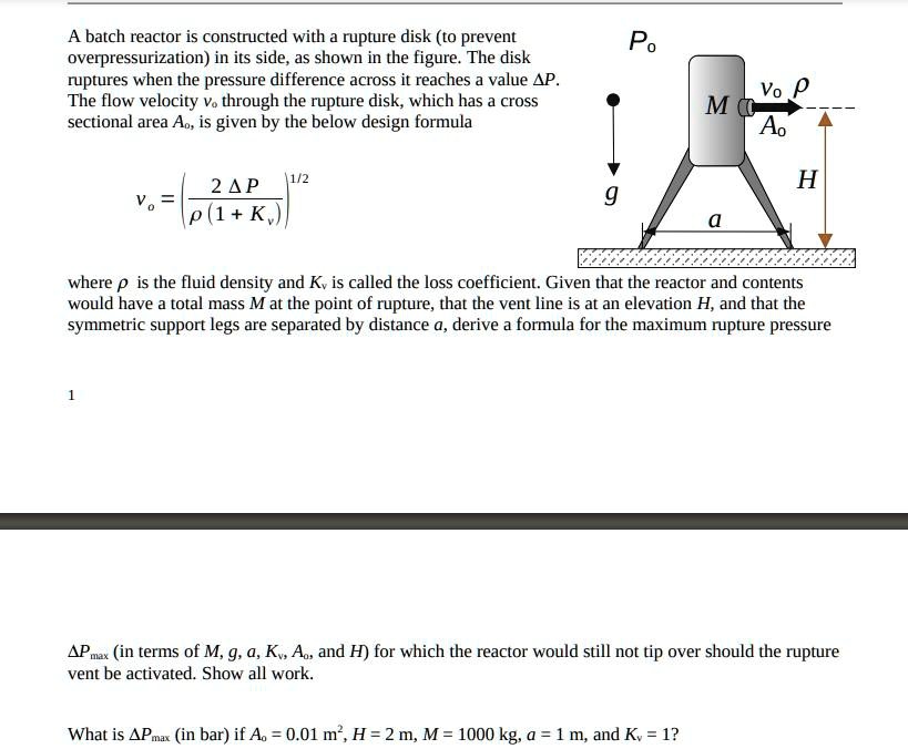 A batch reactor is constructed with a rupture disk (to prevent ...