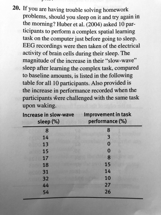 20. If you are having trouble solving homework
problems, should you sleep on it and try again in
the morning? Huber et al. (2004) asked 10 par-
ticipants to perform a complex spatial learning
task on the computer just before going to sleep.
EEG recordings were then taken of the electrical
activity of brain cells during their sleep. The
magnitude of the increase in their ""slow-wave"