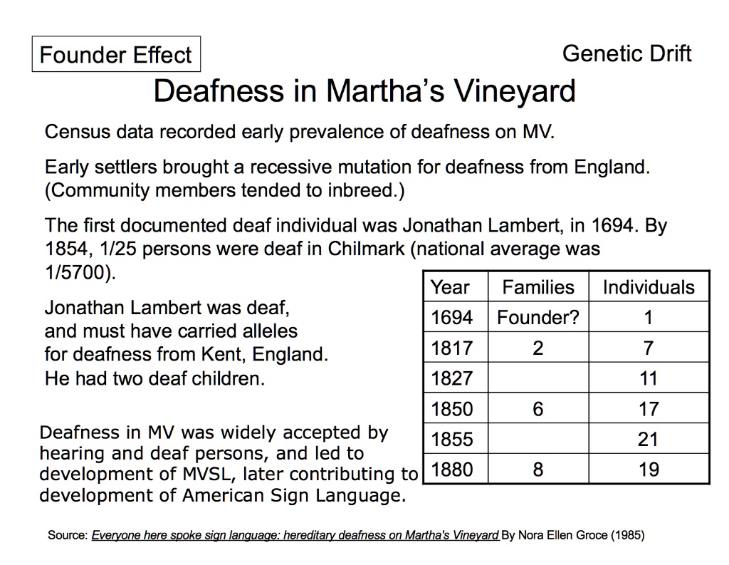 Founder Effect Drift Deafness in Martha's Vineyard Census data