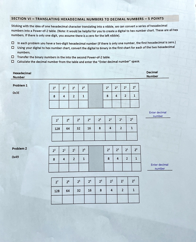 section vi translating hexadecimal numbers to decimal numbers 5 points sticking with the idea of one hexadecimal character translating into a nibble we can convert a series of hexadecimal nu 62606