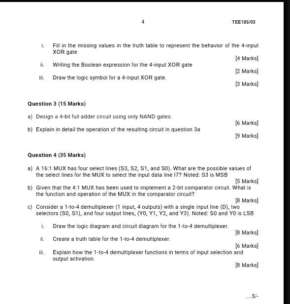 SOLVED: 4 TEE105/03 Fill in the missing values in the truth table to ...