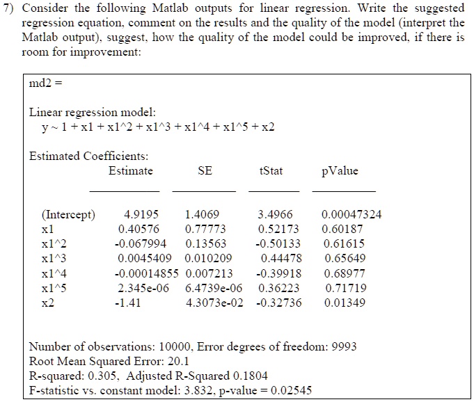 SOLVED: Consider the following Matlab outputs for linear regression ...