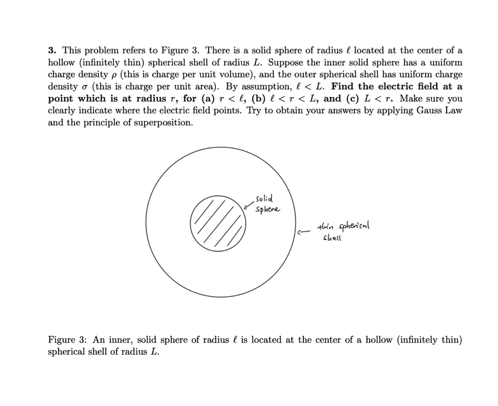 3. This problem refers to Figure 3. There is a solid sphere of radius ℓ located at the center of a
hollow (infinitely thin) spherical shell of radius L. Suppose the inner solid sphere has a uniform
charge density ρ (this is charge per unit volume), and the outer spherical shell has uniform charge
density σ (this is charge per unit area). By assumption, ℓ < L. Find the electric field at a
point which is at radius r, for (a) r < ℓ, (b) ℓ < r < L, and (c) L < r. Make sure you
clearly indicate where the electric field points. Try to obtain your answers by applying Gauss Law
and the principle of superposition.
Figure 3: An inner, solid sphere of radius ℓ is located at the center of a hollow (infinitely thin)
spherical shell of radius L.