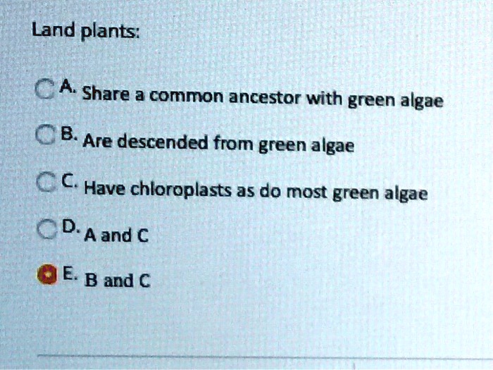 SOLVED Land plants Share a common ancestor with green algae B Are