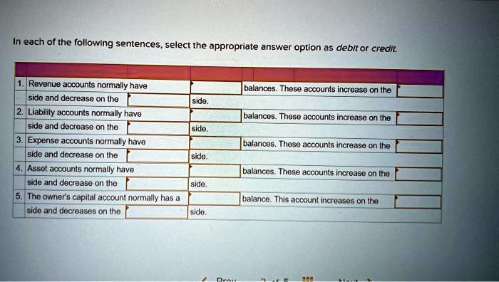 SOLVED: Revenue accounts normally have debit side and increase on the ...